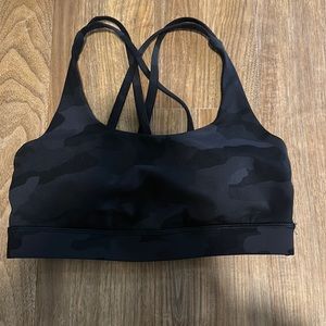 Lululemon black and gray camo energy sports bra